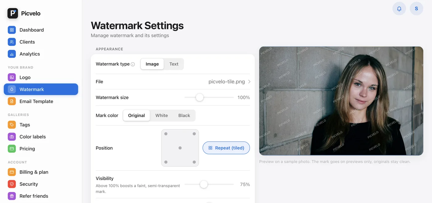The Watermark tab in the Picvelo panel