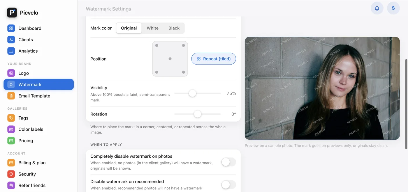 Watermark settings: watermark type, PNG upload, position and visibility