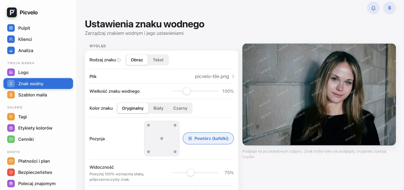 Zakładka Znak wodny w panelu Picvelo