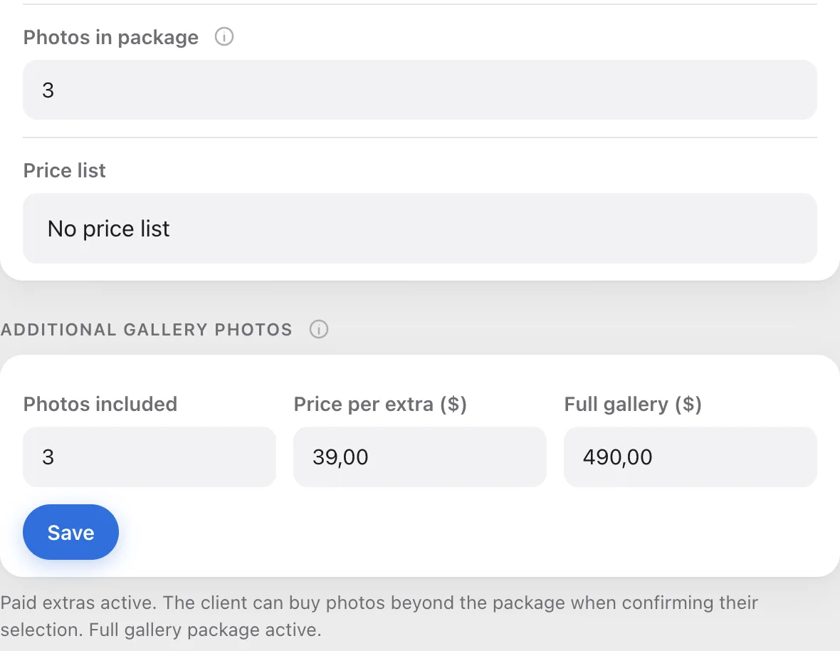 Gallery settings with the Photos in package field in the Photo selection group and the Photos included field in the sales section