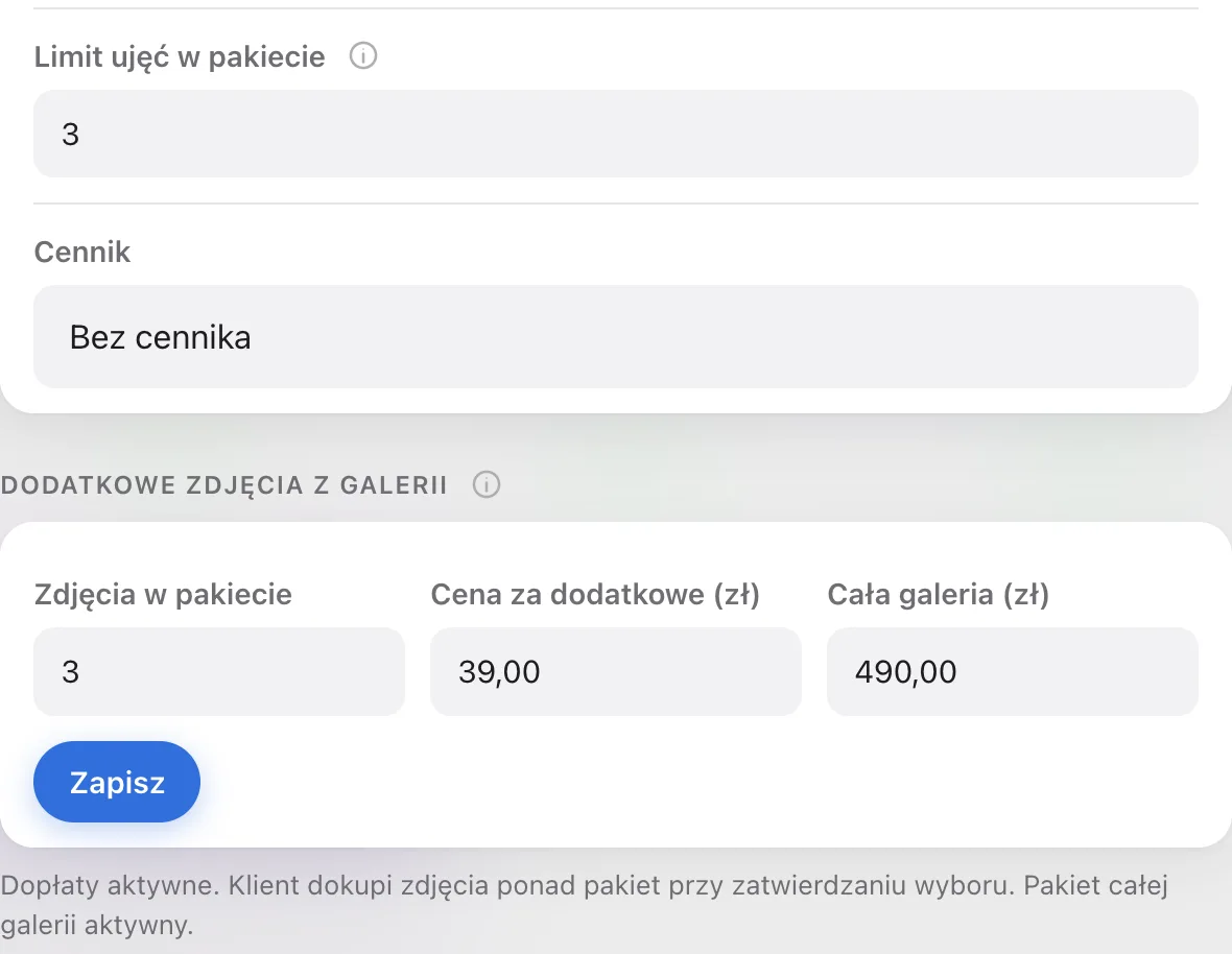 Ustawienia galerii z polem Limit ujęć w pakiecie w grupie Wybór zdjęć i polem Zdjęcia w pakiecie w sekcji sprzedaży