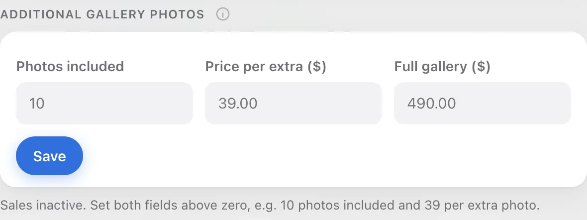 The sales section with empty fields and the Sales inactive message