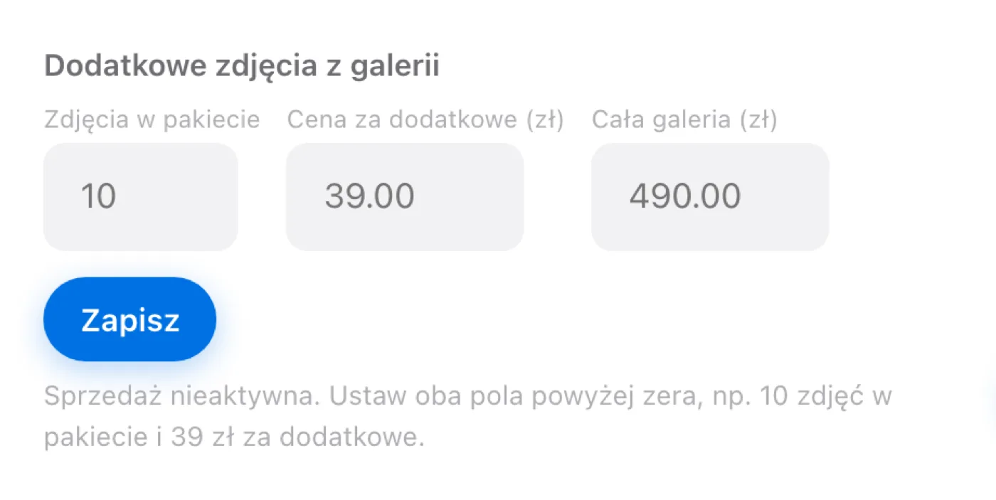 Sekcja sprzedaży z pustymi polami i komunikatem Sprzedaż nieaktywna