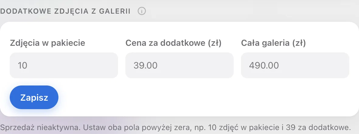 Sekcja sprzedaży z pustymi polami i komunikatem Sprzedaż nieaktywna