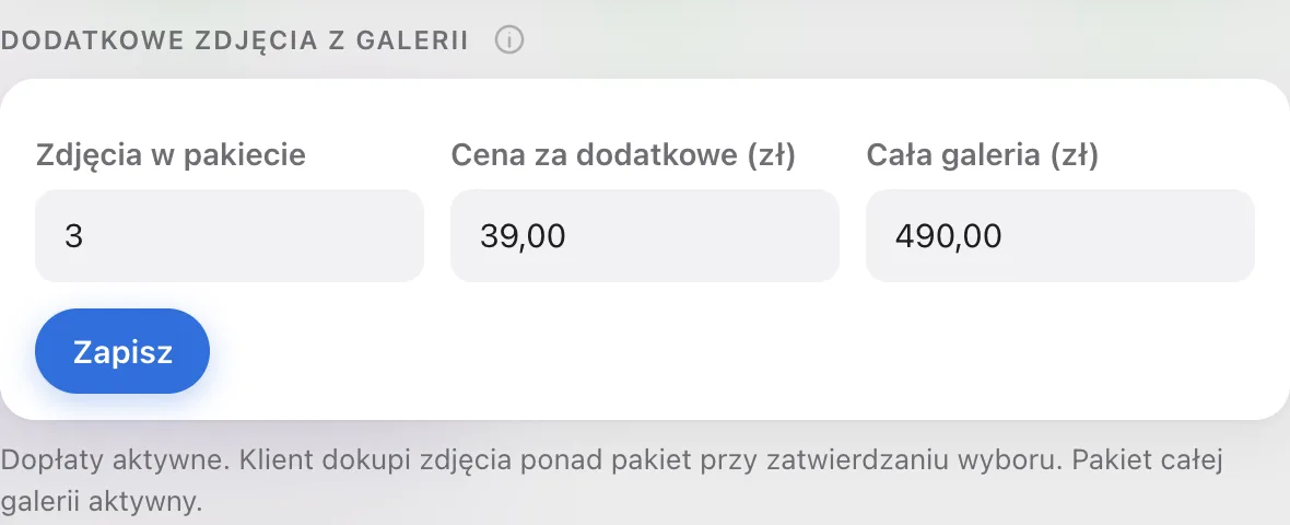 Wypełnione pola sprzedaży i komunikat Dopłaty aktywne