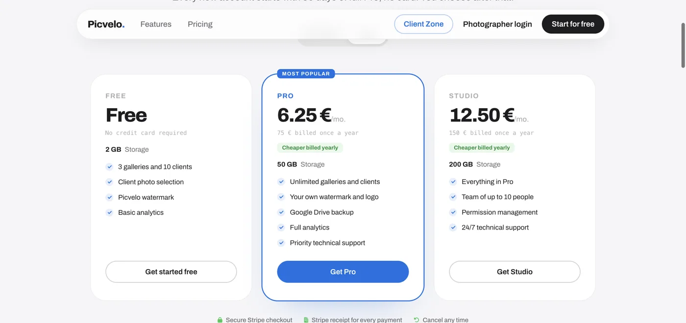Storage limits for the Free, Pro and Studio plans on the pricing page