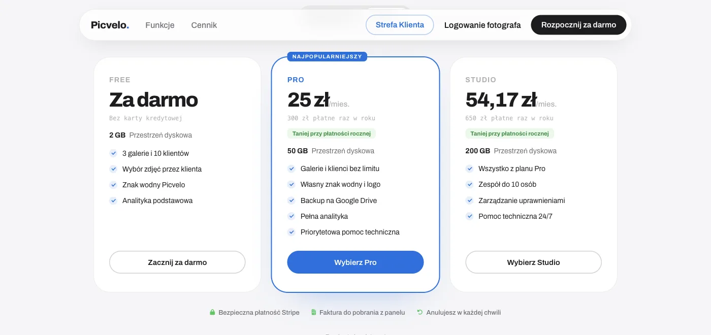 Limity miejsca w planach Free, Pro i Studio na stronie cennika