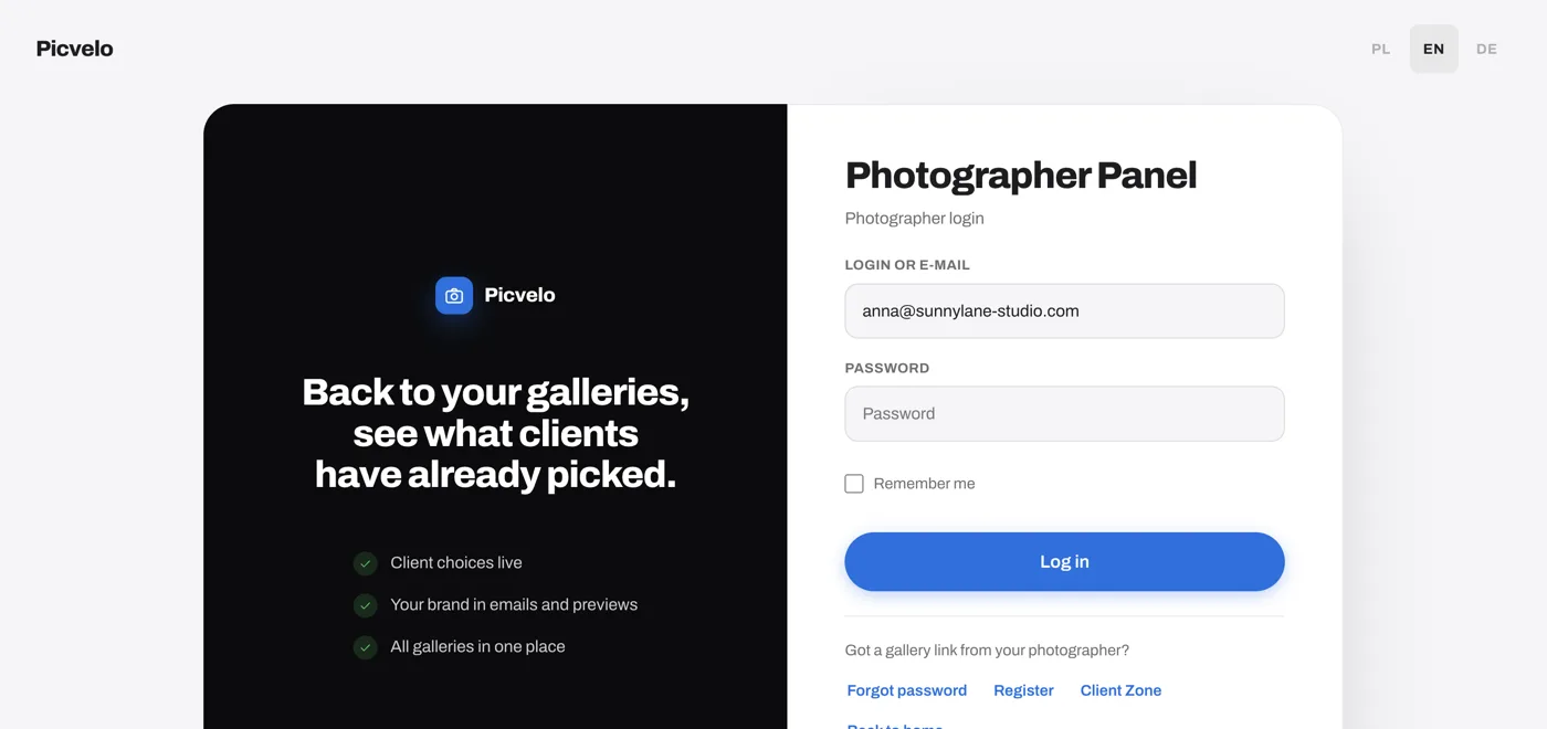 The photographer sign-in page with the Forgot password link