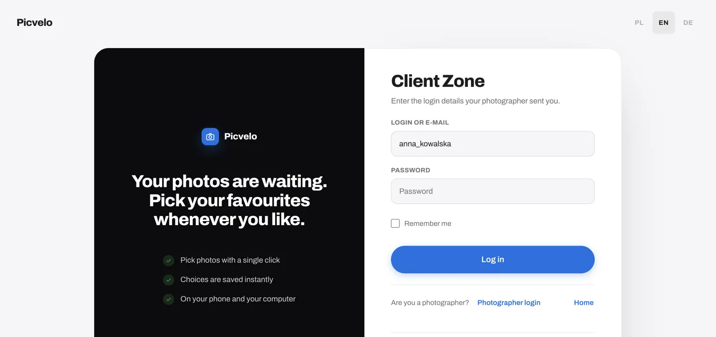 The client sign-in page: a gallery opens only with the username and password from the photographer