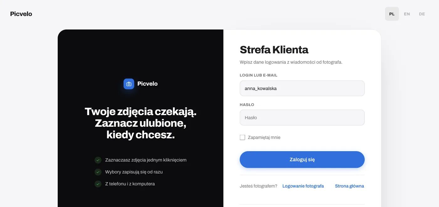 Strefa Klienta: galerię otwiera dopiero login i hasło od fotografa