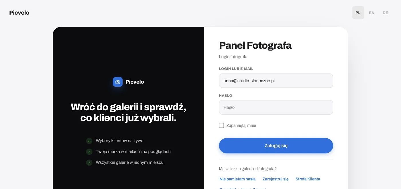 Strona logowania fotografa z logowaniem przez Google