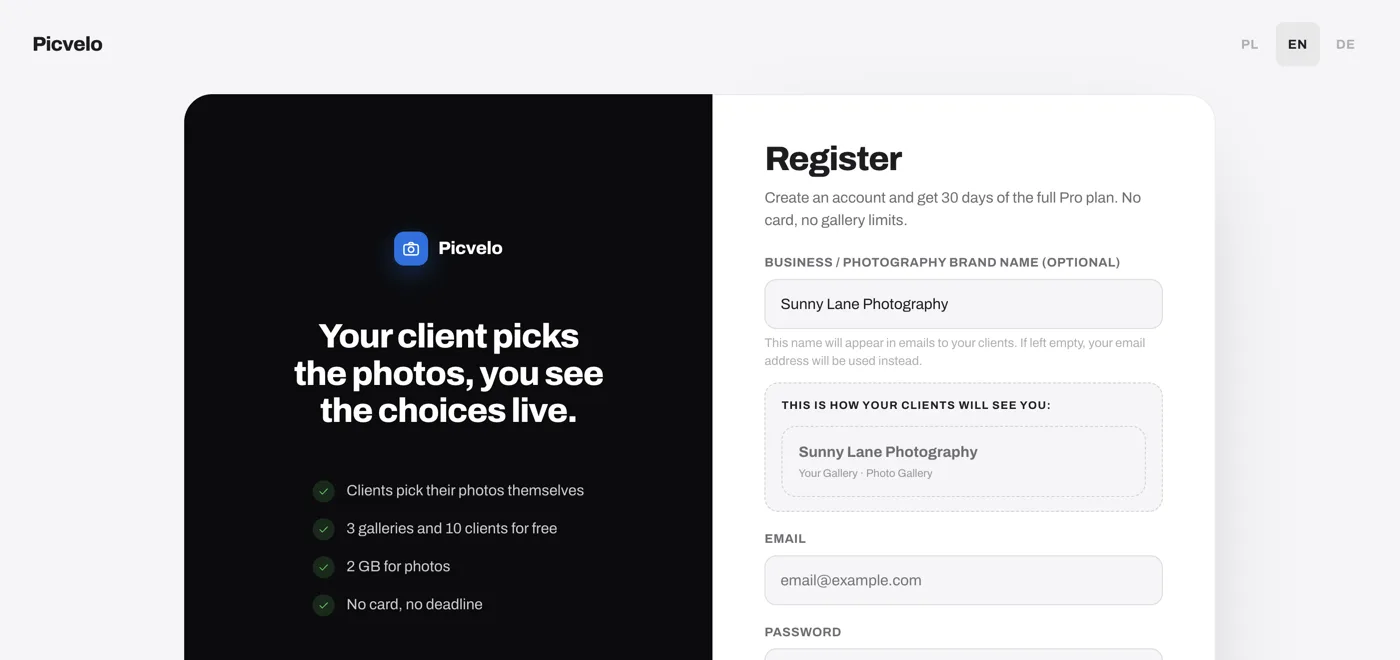 The Picvelo sign-up form with business name, email and password