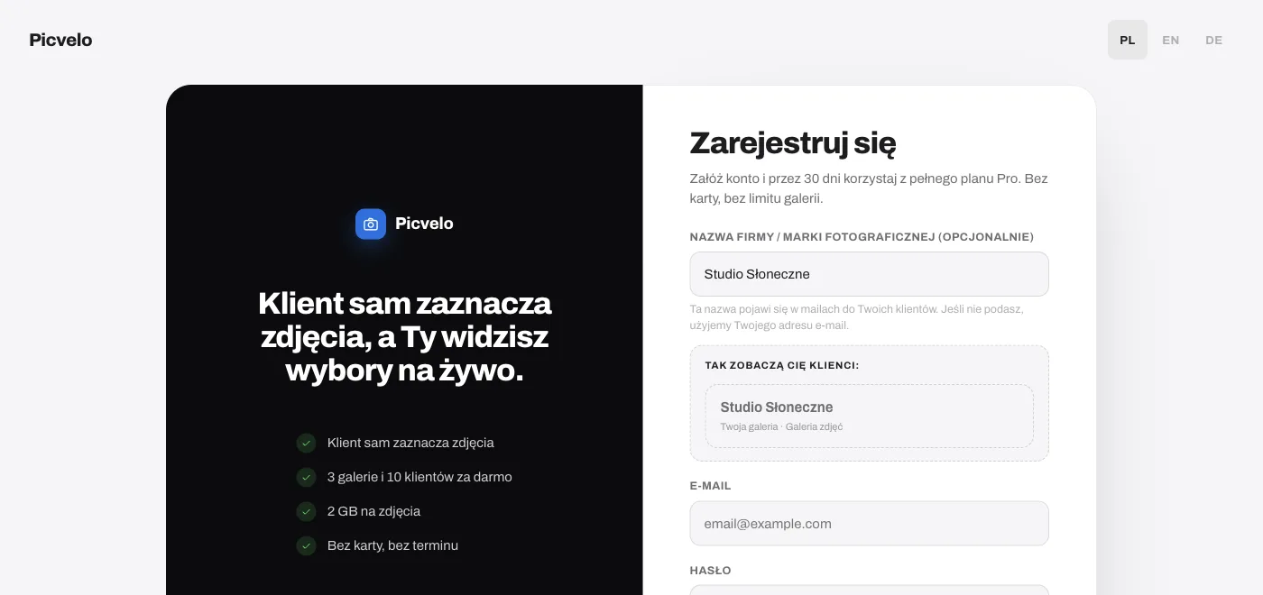 Formularz rejestracji Picvelo z nazwą studia, adresem e-mail i hasłem
